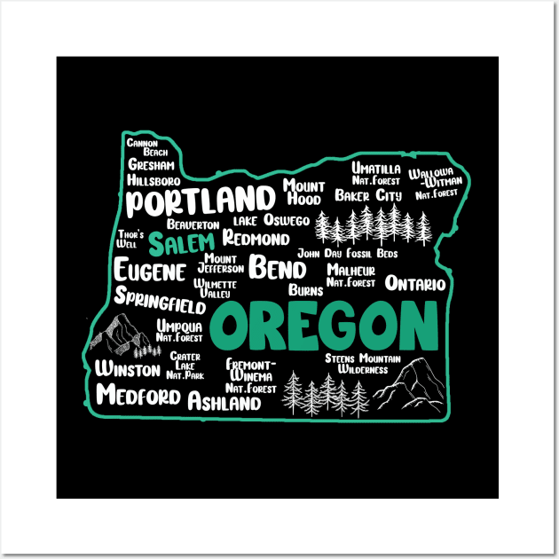 Cute map of Salem Oregon, Portland, Eugene, Springfield, Bend, Ontario, Medford Wall Art by BoogieCreates